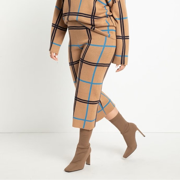 Eloquii Pants - Eloquii • Cropped Wide Leg Plaid Sweater Pant Sz 14/16 Blue Camel High Waist